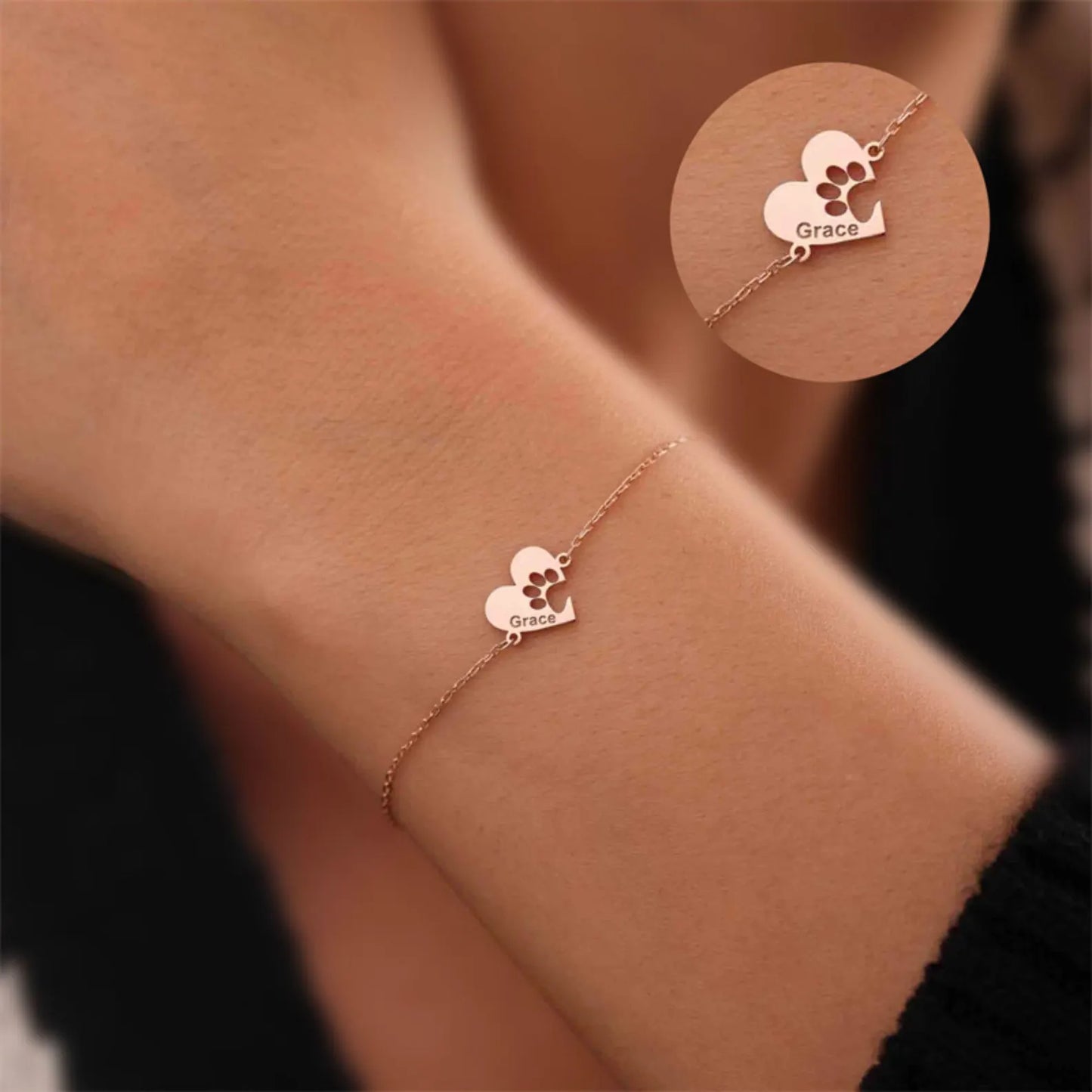Pulsera personalizada con nombre y huellita en corazón
